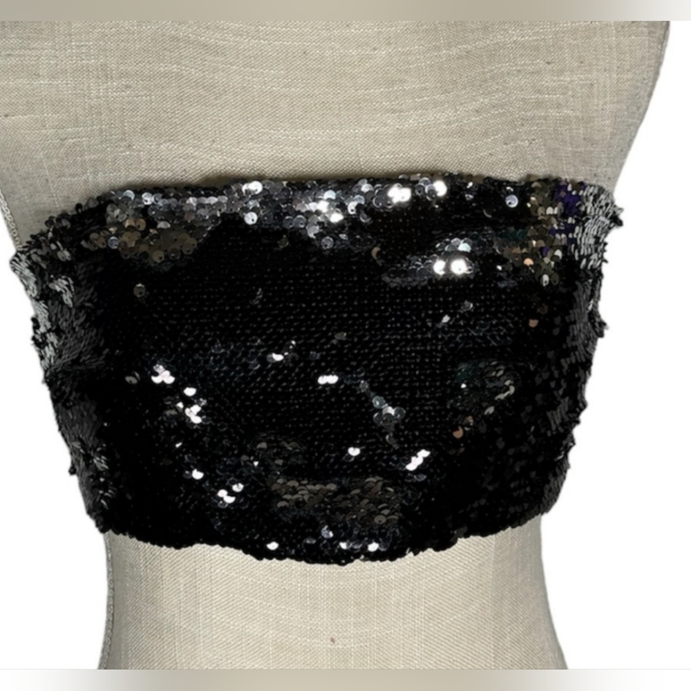 Black/Silver Reversible Sequin Zipper Back Tube T… - image 5